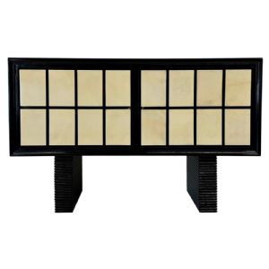 Italian Art Deco Sideboard in Parchment, Black Lacquer and Blue Mirror, 1940s